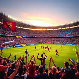 A thrilling football match between Persepolis and Barcelona taking place at Maracanã Stadium, filled with enthusiastic fans waving flags and cheering