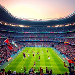 A thrilling football match between Persepolis and Barcelona taking place at Maracanã Stadium, filled with enthusiastic fans waving flags and cheering