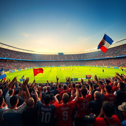 A thrilling football match between Persepolis and Barcelona taking place at Maracanã Stadium, filled with enthusiastic fans waving flags and cheering