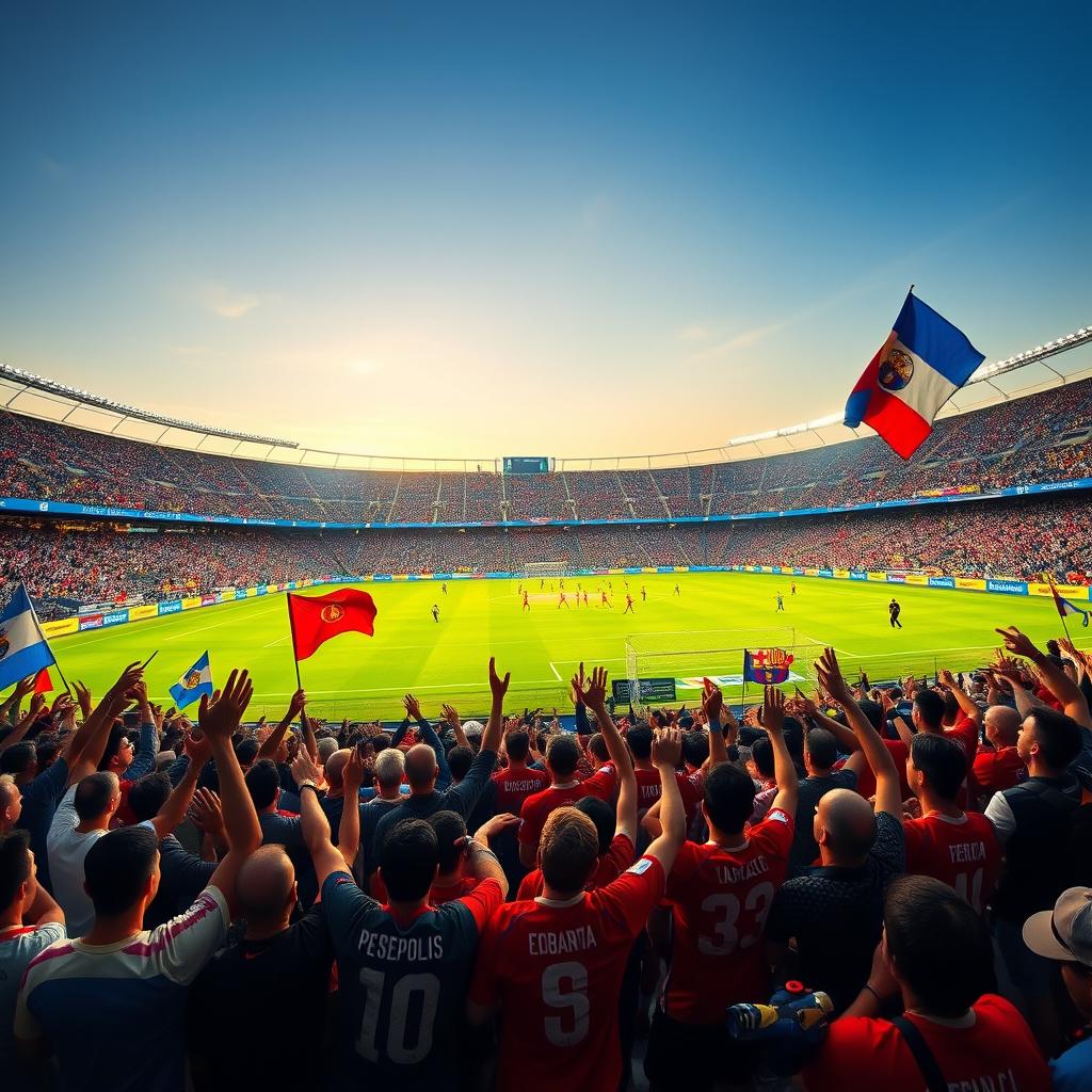 A thrilling football match between Persepolis and Barcelona taking place at Maracanã Stadium, filled with enthusiastic fans waving flags and cheering