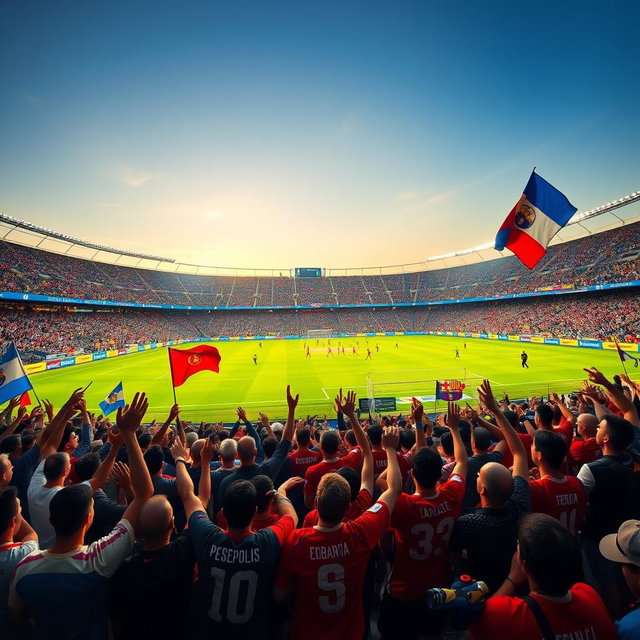A thrilling football match between Persepolis and Barcelona taking place at Maracanã Stadium, filled with enthusiastic fans waving flags and cheering