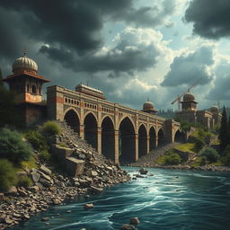 A dramatic scene depicting the Khwaju Bridge in Isfahan, Iran, under destruction