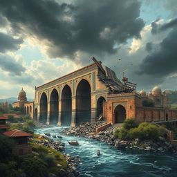 A dramatic scene depicting the Khwaju Bridge in Isfahan, Iran, under destruction