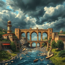 A dramatic scene depicting the Khwaju Bridge in Isfahan, Iran, under destruction