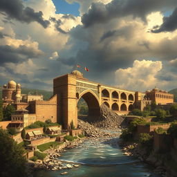 A dramatic scene depicting the Khwaju Bridge in Isfahan, Iran, under destruction
