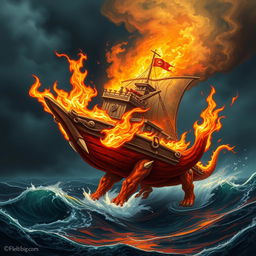 A fantasy creature designed as a monstrous boat made of fire, featuring arms and legs