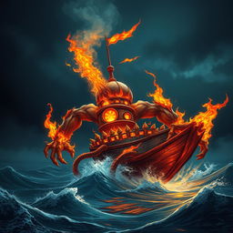 A fantasy creature designed as a monstrous boat made of fire, featuring arms and legs
