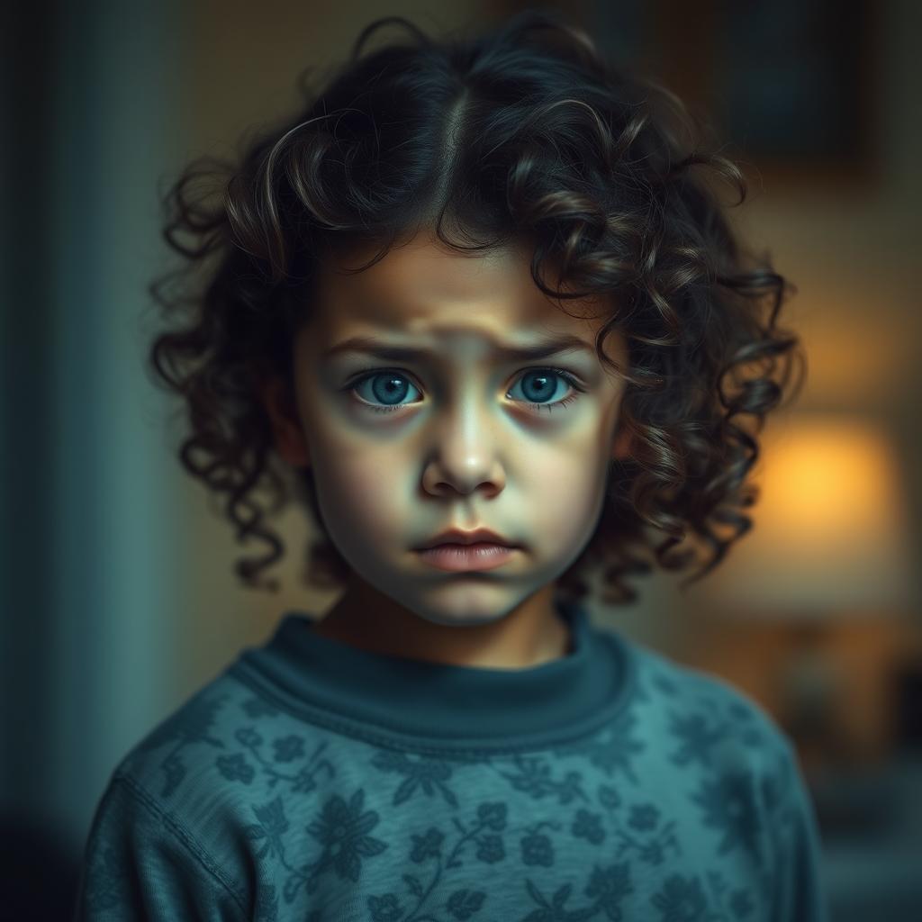 A girl with curly hair looking sad, capturing the emotion of her expression and the details of her curly hairstyle