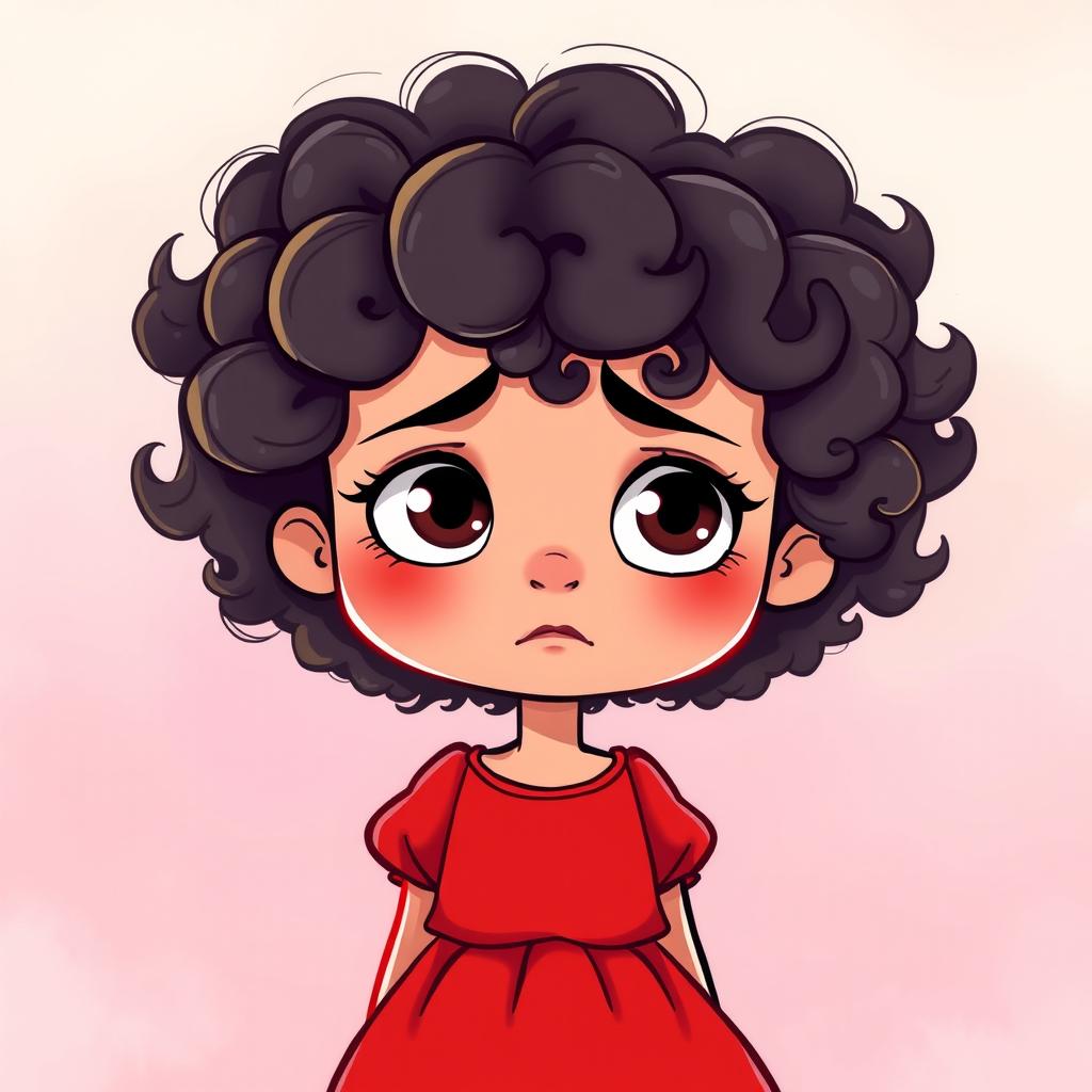 A cartoon girl with curly hair looking sad, wearing a bright red dress