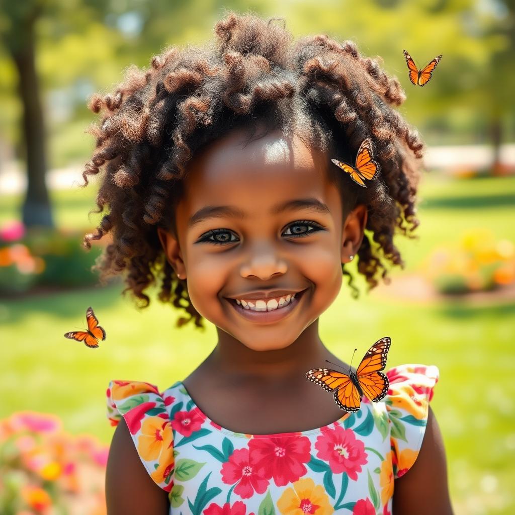 A portrait of a cute young black girl with beautiful curly hair, wearing a vibrant floral dress