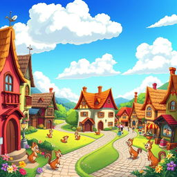 A vibrant and colorful cartoon landscape depicting a whimsical town features charming, exaggerated buildings with playful architecture, cozy cottages with thatched roofs, and winding cobblestone streets