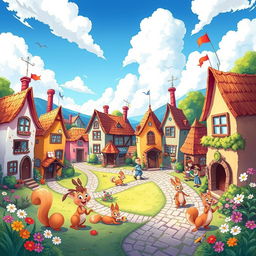 A vibrant and colorful cartoon landscape depicting a whimsical town features charming, exaggerated buildings with playful architecture, cozy cottages with thatched roofs, and winding cobblestone streets