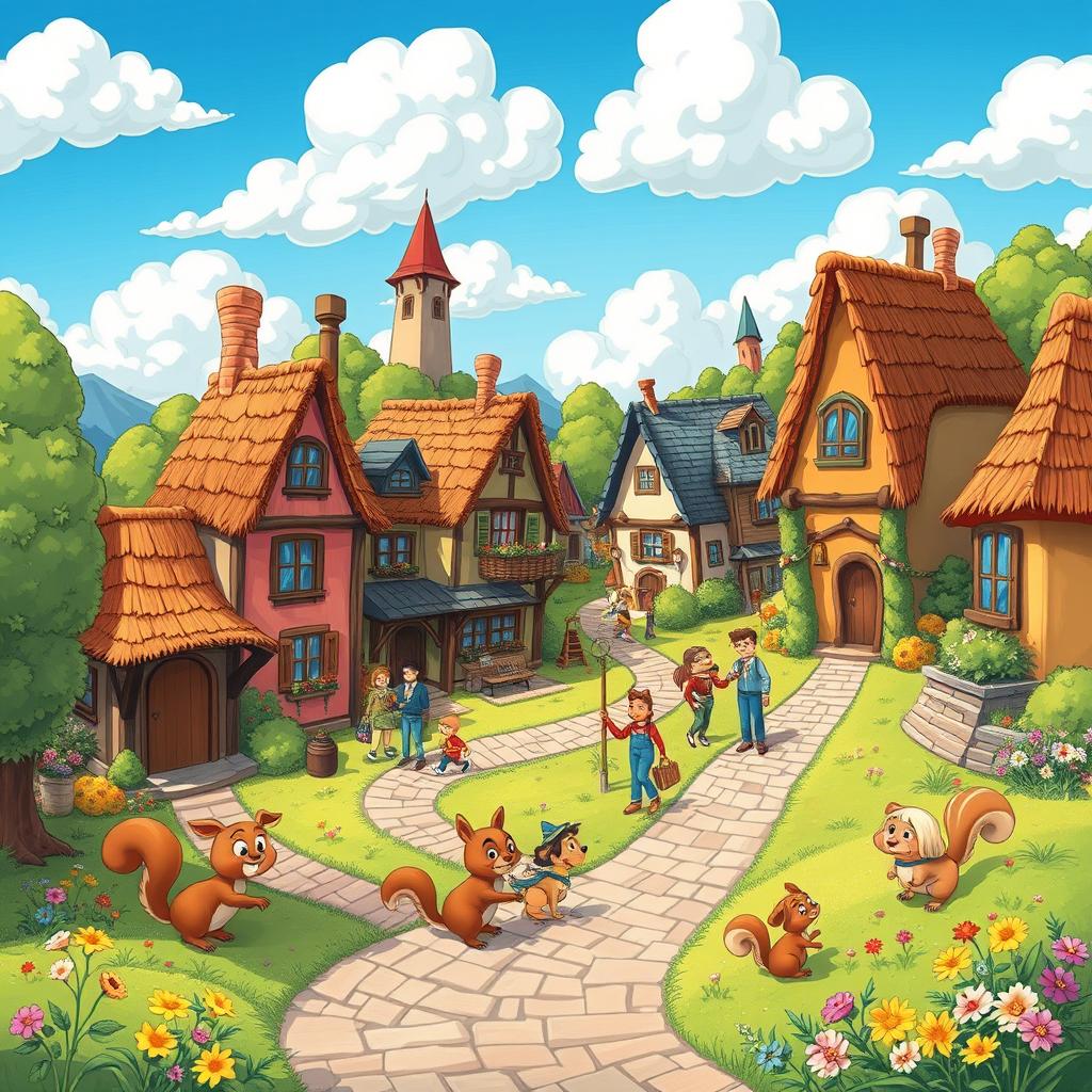 A vibrant and colorful cartoon landscape depicting a whimsical town features charming, exaggerated buildings with playful architecture, cozy cottages with thatched roofs, and winding cobblestone streets