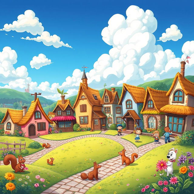 A vibrant and colorful cartoon landscape depicting a whimsical town features charming, exaggerated buildings with playful architecture, cozy cottages with thatched roofs, and winding cobblestone streets