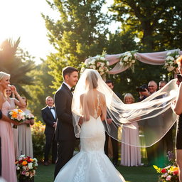 A beautiful outdoor wedding scene, captured in soft, golden sunlight