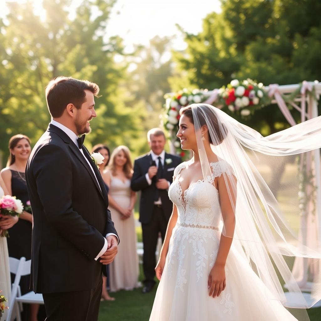 A beautiful outdoor wedding scene, captured in soft, golden sunlight