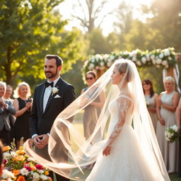 A beautiful outdoor wedding scene, captured in soft, golden sunlight