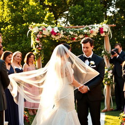 A beautiful outdoor wedding scene, captured in soft, golden sunlight
