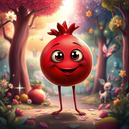 A whimsical, fantasy image of a red pomegranate with large, expressive eyes, a smiling mouth, and slender legs, standing in a vibrant and cheerful enchanted forest filled with colorful trees and fantastical creatures
