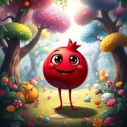 A whimsical, fantasy image of a red pomegranate with large, expressive eyes, a smiling mouth, and slender legs, standing in a vibrant and cheerful enchanted forest filled with colorful trees and fantastical creatures
