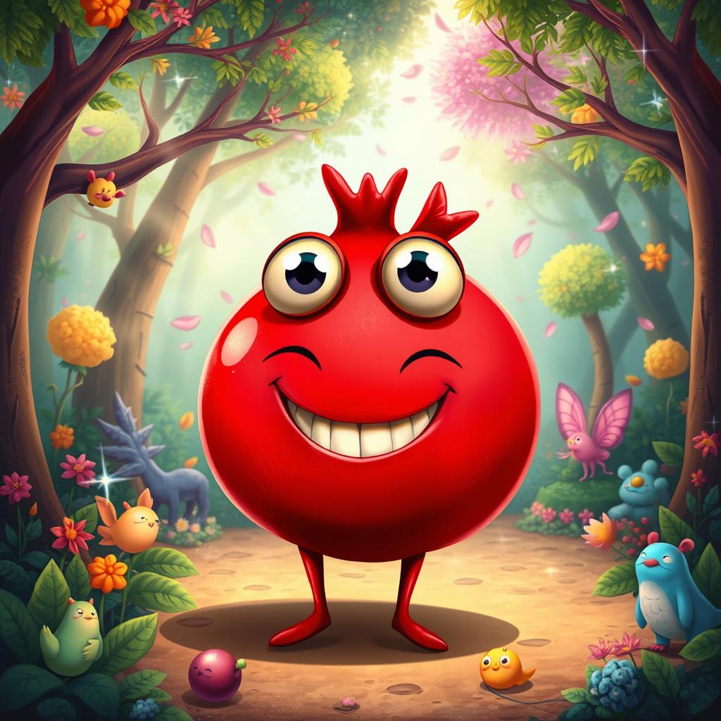 A whimsical, fantasy image of a red pomegranate with large, expressive eyes, a smiling mouth, and slender legs, standing in a vibrant and cheerful enchanted forest filled with colorful trees and fantastical creatures