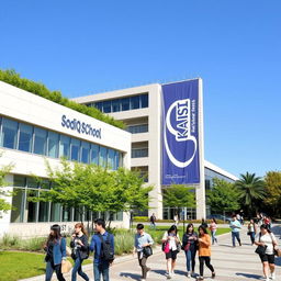 A modern campus scene featuring the Sodiq school building prominently in the foreground, showcasing its contemporary architectural design