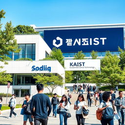 A modern campus scene featuring the Sodiq school building prominently in the foreground, showcasing its contemporary architectural design