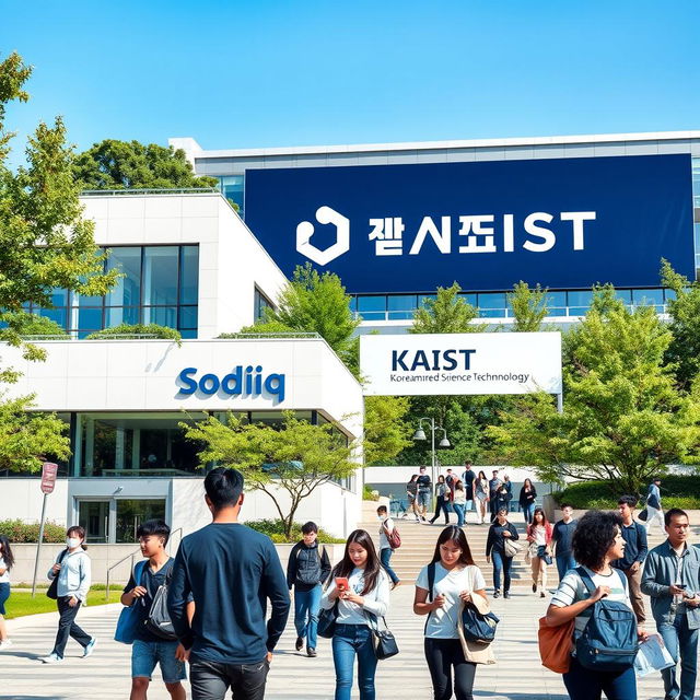 A modern campus scene featuring the Sodiq school building prominently in the foreground, showcasing its contemporary architectural design
