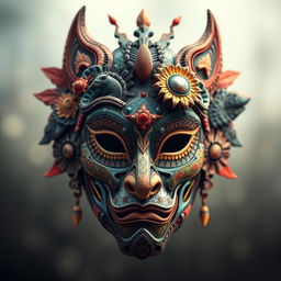 A striking artwork featuring a persona mask intricately designed with elements of hybridity art, merging diverse cultural motifs, patterns, and textures
