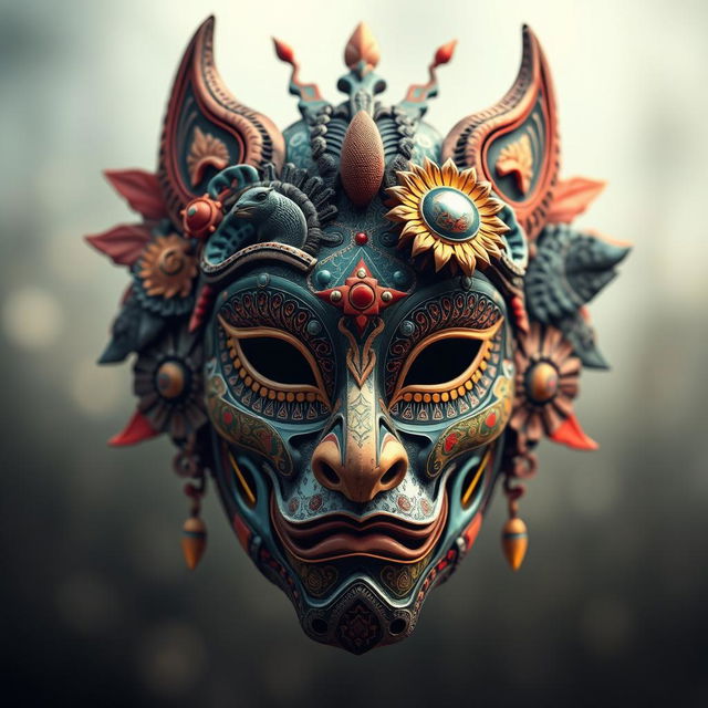 A striking artwork featuring a persona mask intricately designed with elements of hybridity art, merging diverse cultural motifs, patterns, and textures