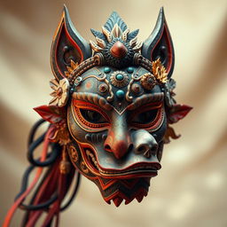 A striking artwork featuring a persona mask intricately designed with elements of hybridity art, merging diverse cultural motifs, patterns, and textures