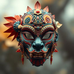 A striking artwork featuring a persona mask intricately designed with elements of hybridity art, merging diverse cultural motifs, patterns, and textures