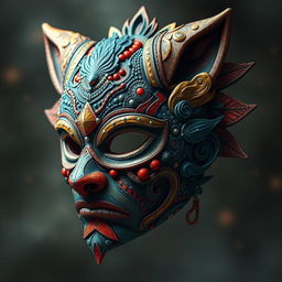 A striking artwork featuring a persona mask intricately designed with elements of hybridity art, merging diverse cultural motifs, patterns, and textures