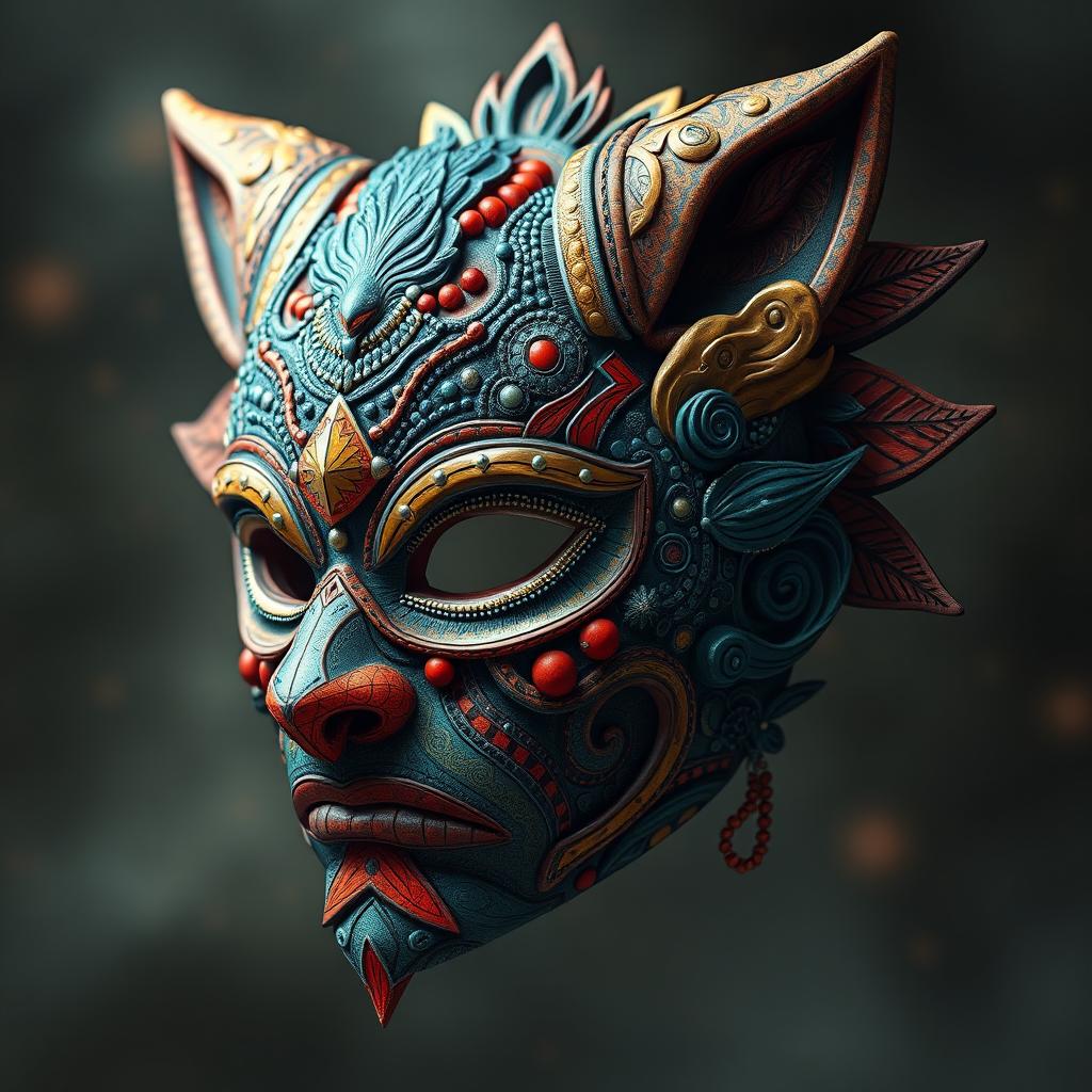 A striking artwork featuring a persona mask intricately designed with elements of hybridity art, merging diverse cultural motifs, patterns, and textures