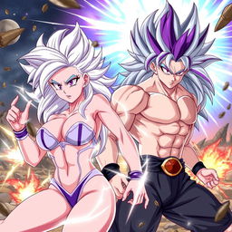 A dynamic and thrilling scene depicting Vayla, a sexy and strong female Saiyan with big breasts, silver-pink hair, and captivating violet eyes