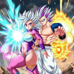 A dynamic and thrilling scene depicting Vayla, a sexy and strong female Saiyan with big breasts, silver-pink hair, and captivating violet eyes