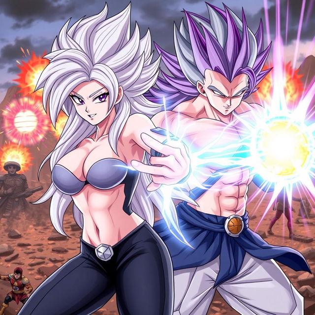 A dynamic and thrilling scene depicting Vayla, a sexy and strong female Saiyan with big breasts, silver-pink hair, and captivating violet eyes