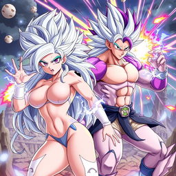 A dynamic and thrilling scene depicting Vayla, a sexy and strong female Saiyan with big breasts, silver-pink hair, and captivating violet eyes