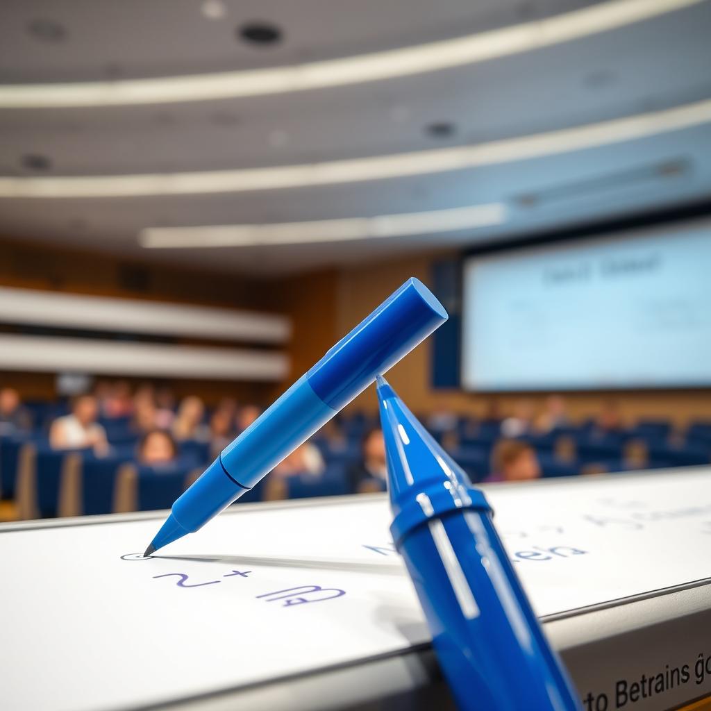 A blue marker poised to write mathematical equations on a whiteboard in an auditorium setting