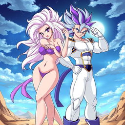 A dynamic illustration of two Saiyan characters in battle poses