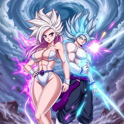 A fierce, dynamic scene featuring Vayla, a sexy and strong female Saiyan with big boobs, silver-pink hair, and striking violet eyes, standing confidently next to her boyfriend, Kaivor, a relentless male Saiyan with silver-blue hair accented by purple streaks