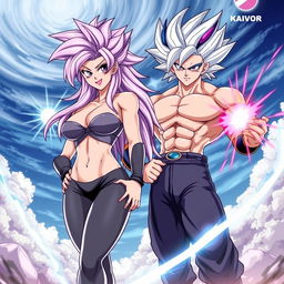 A fierce, dynamic scene featuring Vayla, a sexy and strong female Saiyan with big boobs, silver-pink hair, and striking violet eyes, standing confidently next to her boyfriend, Kaivor, a relentless male Saiyan with silver-blue hair accented by purple streaks