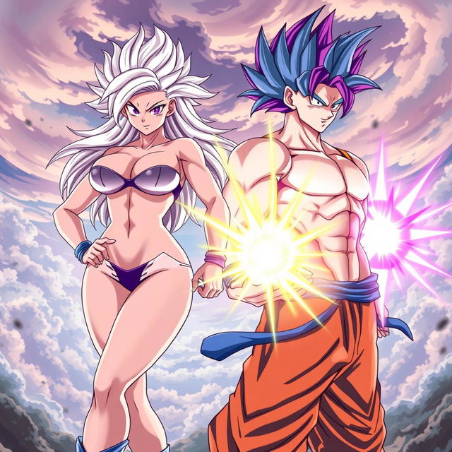 A fierce, dynamic scene featuring Vayla, a sexy and strong female Saiyan with big boobs, silver-pink hair, and striking violet eyes, standing confidently next to her boyfriend, Kaivor, a relentless male Saiyan with silver-blue hair accented by purple streaks