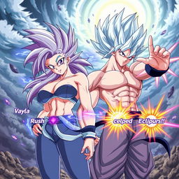 A fierce, dynamic scene featuring Vayla, a sexy and strong female Saiyan with big boobs, silver-pink hair, and striking violet eyes, standing confidently next to her boyfriend, Kaivor, a relentless male Saiyan with silver-blue hair accented by purple streaks