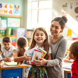 A heartwarming scene in a classroom where a young girl, looking joyful and ecstatic, is receiving a pack of stationery from her teacher