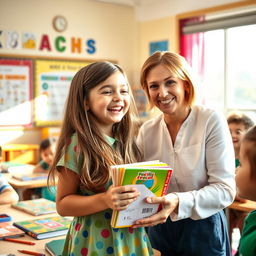 A heartwarming scene in a classroom where a young girl, looking joyful and ecstatic, is receiving a pack of stationery from her teacher