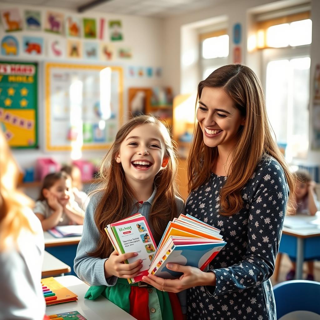 A heartwarming scene in a classroom where a young girl, looking joyful and ecstatic, is receiving a pack of stationery from her teacher