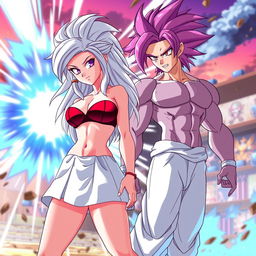 An anime-inspired scene depicting Vayla, a sexy and strong female Saiyan with big boobs, silver-pink hair, and captivating violet eyes