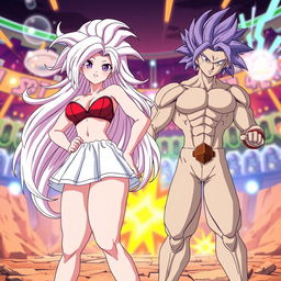 An anime-inspired scene depicting Vayla, a sexy and strong female Saiyan with big boobs, silver-pink hair, and captivating violet eyes