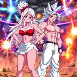 An anime-inspired scene depicting Vayla, a sexy and strong female Saiyan with big boobs, silver-pink hair, and captivating violet eyes